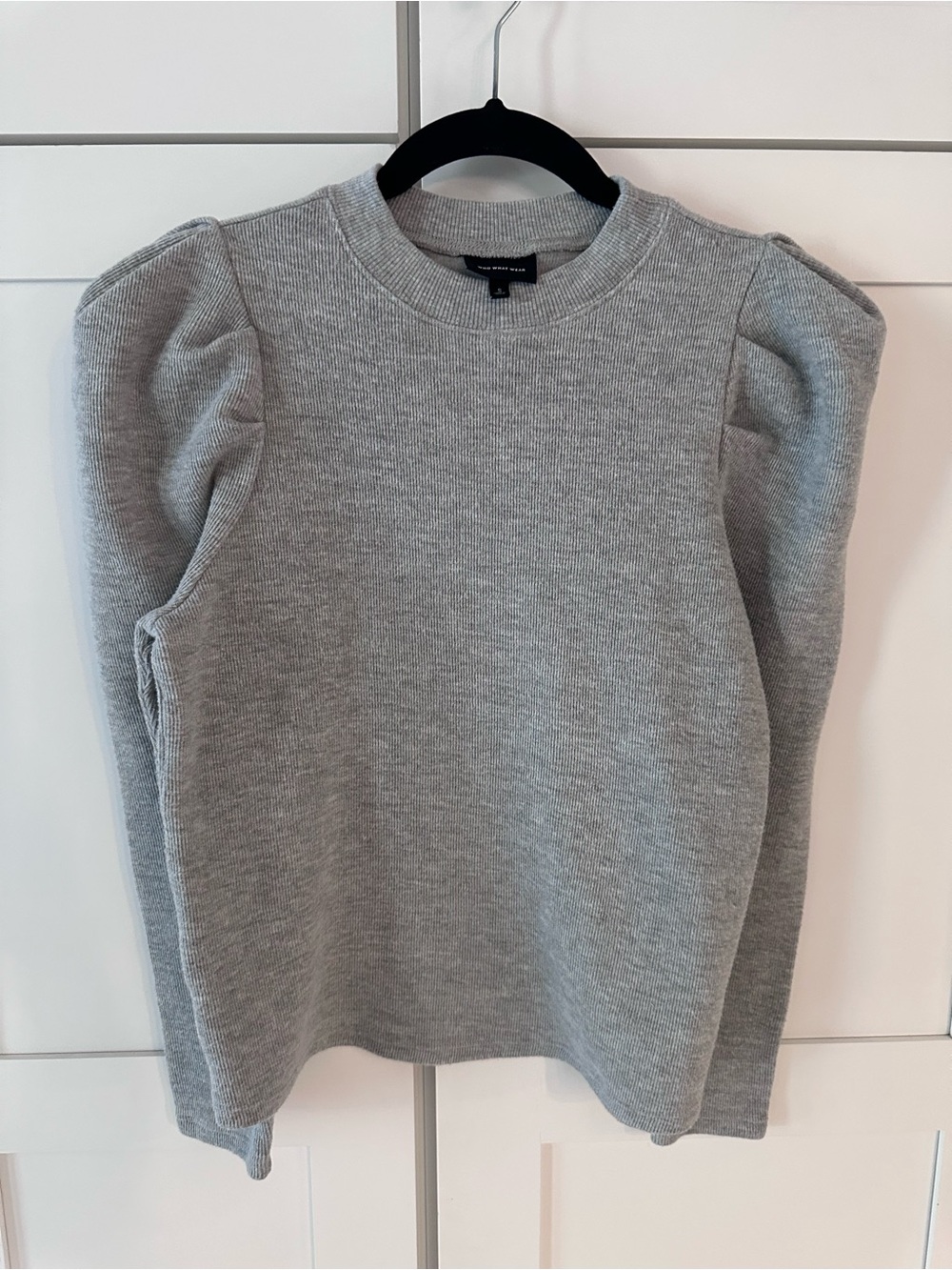 Who What Wear Light Gray Puff-Sleeve Crewneck Sweater